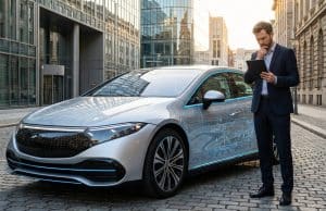 Xiaomi SU7 en Europe : les risques de l’importation grise Un homme d'affaires pensif examine une tablette devant une Xiaomi SU7 argentée garée sur des pavés en ville.