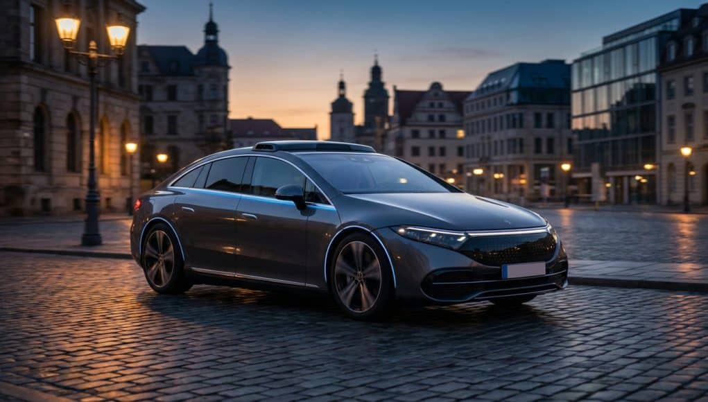 Tesla FSD : les enjeux de l'homologation en Europe Une voiture électrique autonome circulant sur une place pavée européenne au crépuscule.