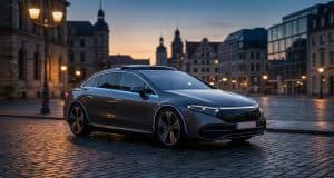 Tesla FSD en Europe : l’homologation aux Pays-Bas en débat Une voiture électrique autonome circulant sur une place pavée européenne au crépuscule.