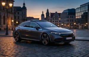 Tesla FSD en Europe : l’homologation aux Pays-Bas en débat Une voiture électrique autonome circulant sur une place pavée européenne au crépuscule.