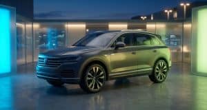 Nissan Qashqai électrique annulé : un virage stratégique Un SUV gris moderne exposé dans un studio technologique éclairé par des lumières bleues et vertes.