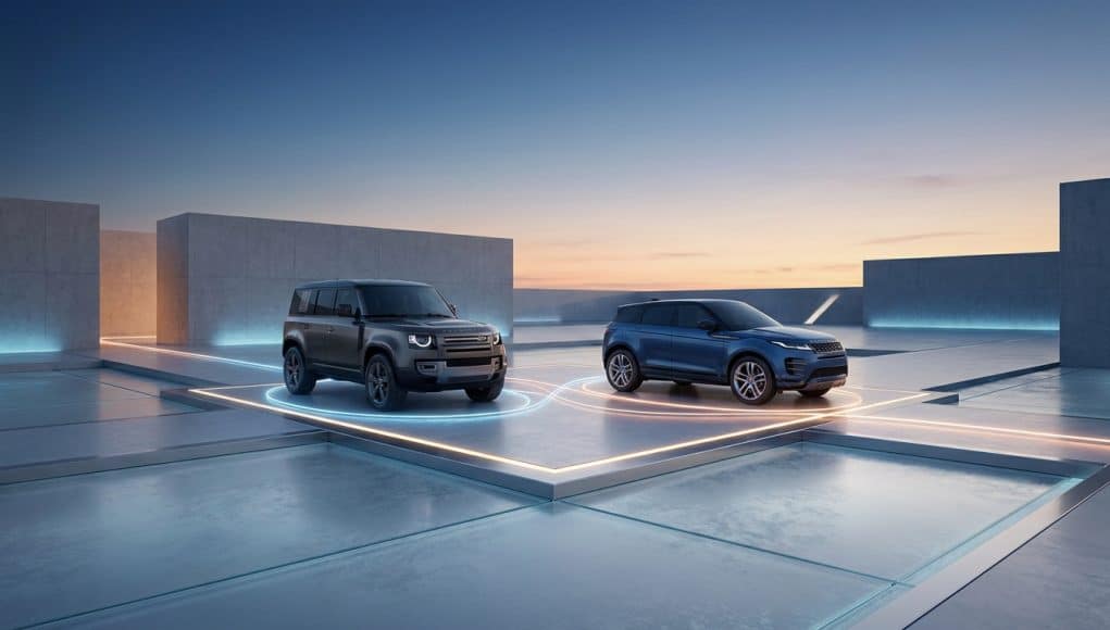Stratégie hybride JLR : Defender et Range Rover Evoque Un Land Rover Defender et un Range Rover Evoque garés sur des plateformes lumineuses dans un décor architectural moderne.