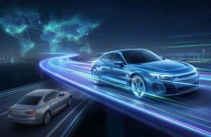 BYD numéro un : l’offensive chinoise pour détrôner Toyota Une voiture électrique bleue roule à vive allure sous une carte du monde numérique, illustrant l'expansion de BYD.