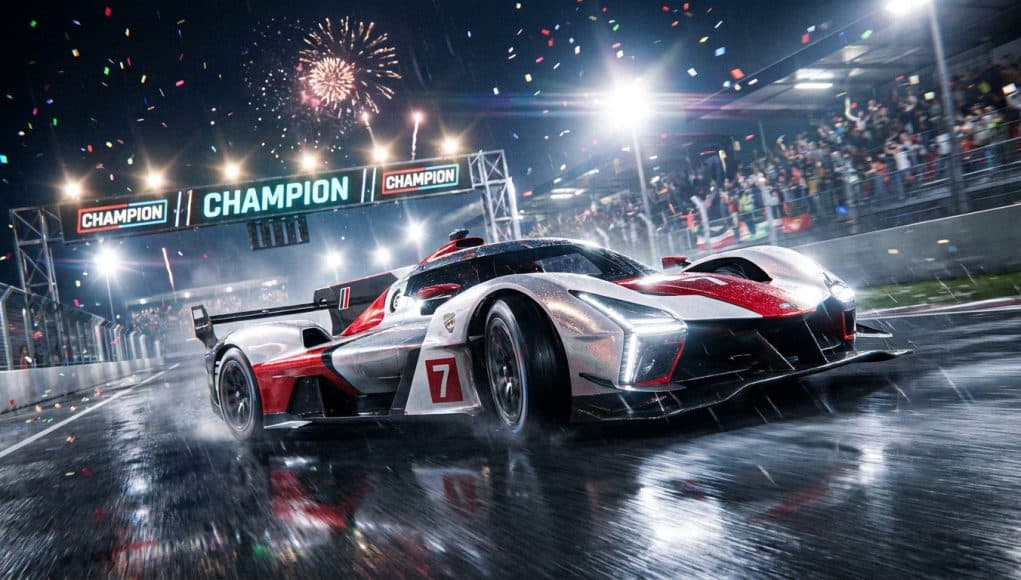 Triomphe de Toyota aux 24 Heures du Mans 2026 Une voiture de course Toyota TR010 numéro 7 franchissant la ligne d'arrivée sous un feu d'artifice au Mans.
