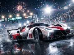 Toyota Mans 2026 : Le sacre de la TR010 face à Ferrari Une voiture de course Toyota TR010 numéro 7 franchissant la ligne d'arrivée sous un feu d'artifice au Mans.