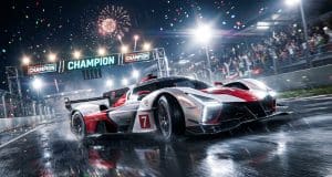 Toyota Mans 2026 : Le sacre de la TR010 face à Ferrari Une voiture de course Toyota TR010 numéro 7 franchissant la ligne d'arrivée sous un feu d'artifice au Mans.