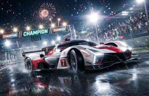 Toyota Mans 2026 : Le sacre de la TR010 face à Ferrari Une voiture de course Toyota TR010 numéro 7 franchissant la ligne d'arrivée sous un feu d'artifice au Mans.