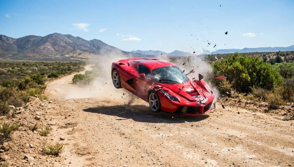 Une Ferrari rouge en plein accident, projetée en l'air sur une route de terre avec des débris volant autour.