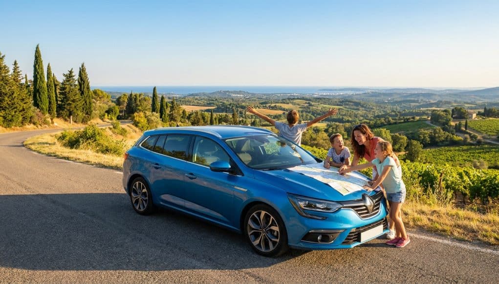 Une famille regarde une carte sur le capot d'une voiture bleue garée au bord d'une route surplombant des vignobles.