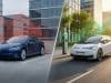 Lidl : l’arrêt de la voiture électrique de fonction Comparaison entre une Tesla stationnée avec une flèche rouge baissière et une voiture électrique en mouvement.