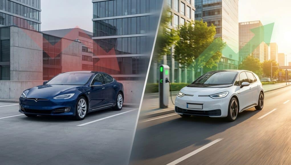 Comparaison entre une Tesla stationnée avec une flèche rouge baissière et une voiture électrique en mouvement.
