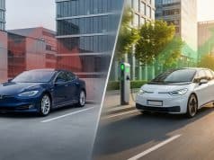 Lidl : l’arrêt de la voiture électrique de fonction Comparaison entre une Tesla stationnée avec une flèche rouge baissière et une voiture électrique en mouvement.