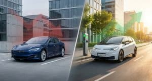 Lidl : l’arrêt de la voiture électrique de fonction Comparaison entre une Tesla stationnée avec une flèche rouge baissière et une voiture électrique en mouvement.