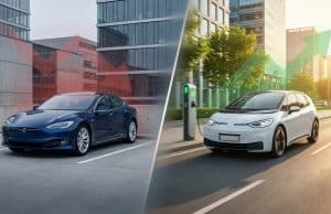 Lidl : l’arrêt de la voiture électrique de fonction Comparaison entre une Tesla stationnée avec une flèche rouge baissière et une voiture électrique en mouvement.