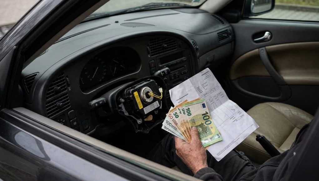 Une main tenant des billets en euros et une facture à l'intérieur d'une voiture Saab avec un airbag démonté.