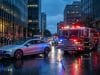 Voiture autonome et services d’urgence : l’impasse sécuritaire Une voiture autonome circulant près d'un camion de pompiers sous une pluie battante dans une rue urbaine.