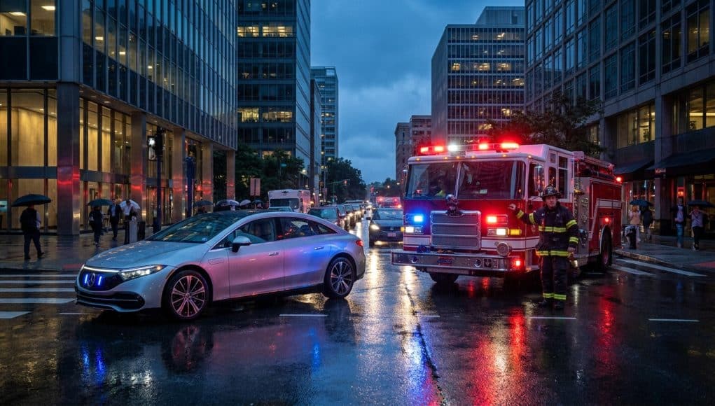 Voiture autonome et véhicules d'urgence en ville Une voiture autonome circulant près d'un camion de pompiers sous une pluie battante dans une rue urbaine.