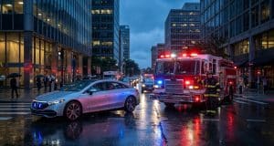 Voiture autonome et services d’urgence : l’impasse sécuritaire Une voiture autonome circulant près d'un camion de pompiers sous une pluie battante dans une rue urbaine.