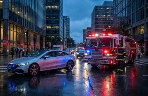 Voiture autonome et services d’urgence : l’impasse sécuritaire Une voiture autonome circulant près d'un camion de pompiers sous une pluie battante dans une rue urbaine.