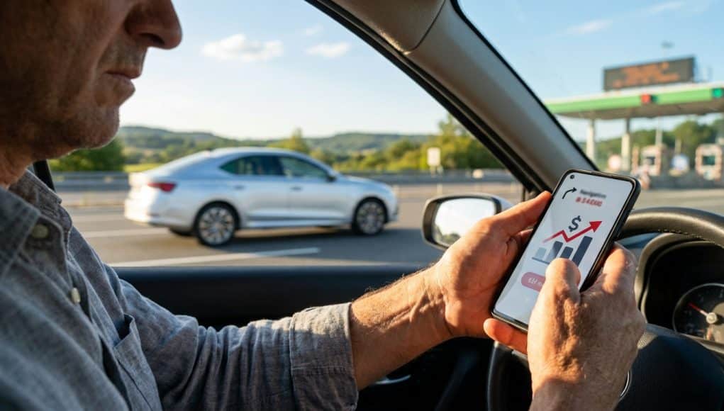 Explosion du coût des trajets en voiture pour les vacances Un conducteur regarde un graphique de hausse des coûts sur son smartphone à l'approche d'un péage autoroutier.
