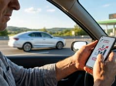 Coût trajet voiture vacances : le budget bondit de 50 % Un conducteur regarde un graphique de hausse des coûts sur son smartphone à l'approche d'un péage autoroutier.