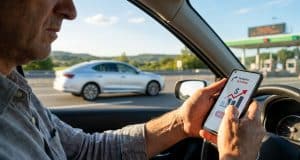 Coût trajet voiture vacances : le budget bondit de 50 % Un conducteur regarde un graphique de hausse des coûts sur son smartphone à l'approche d'un péage autoroutier.