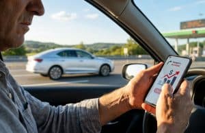 Coût trajet voiture vacances : le budget bondit de 50 % Un conducteur regarde un graphique de hausse des coûts sur son smartphone à l'approche d'un péage autoroutier.