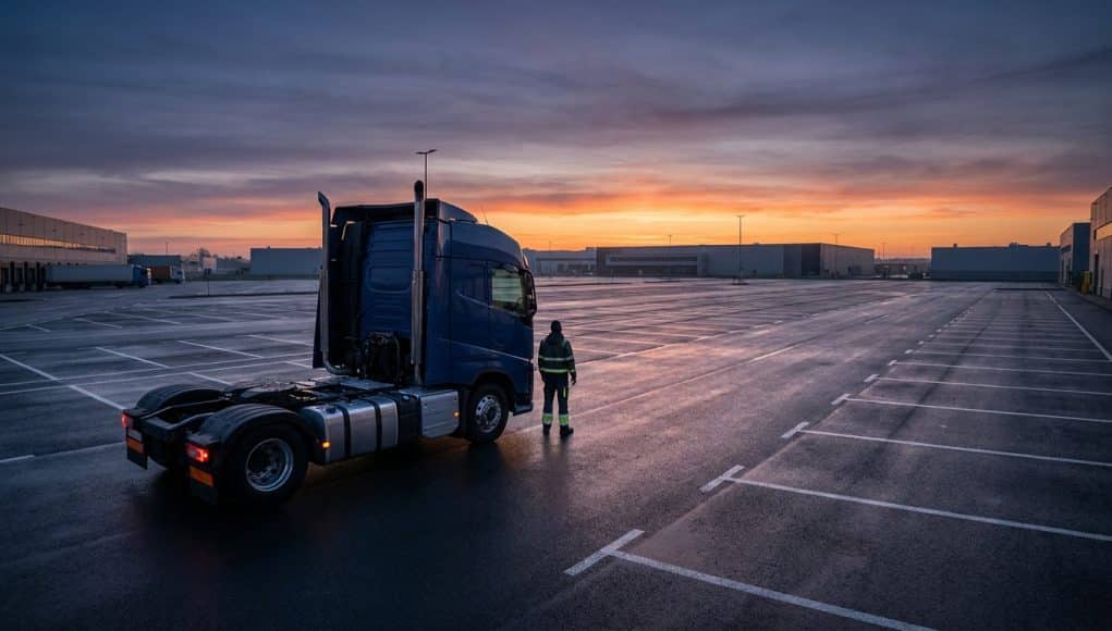 Pénurie de chauffeurs : un secteur en pleine crise Un chauffeur routier debout face à son camion garé sur un immense parking logistique vide au lever du soleil.
