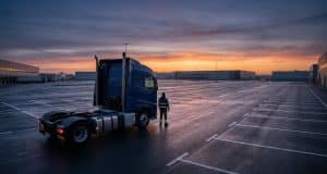Pénurie chauffeurs routiers : analyse d’une crise mondiale Un chauffeur routier debout face à son camion garé sur un immense parking logistique vide au lever du soleil.