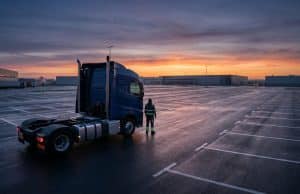 Pénurie chauffeurs routiers : analyse d’une crise mondiale Un chauffeur routier debout face à son camion garé sur un immense parking logistique vide au lever du soleil.