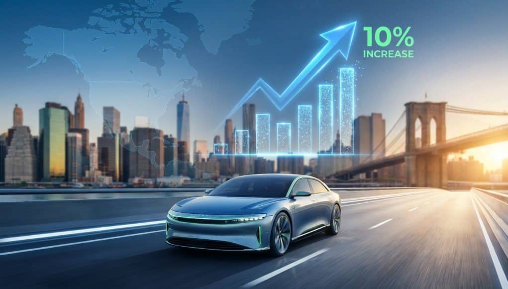 Stellantis : une croissance de 10 % en Amérique Une voiture moderne roulant sur un pont vers New York avec un graphique de croissance de 10 % en arrière-plan.