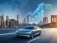 Ventes Stellantis 2026 : une hausse de 10 % via l’Amérique Une voiture moderne roulant sur un pont vers New York avec un graphique de croissance de 10 % en arrière-plan.
