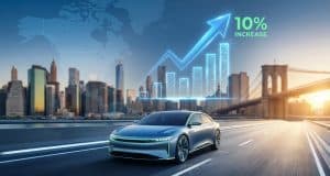 Ventes Stellantis 2026 : une hausse de 10 % via l’Amérique Une voiture moderne roulant sur un pont vers New York avec un graphique de croissance de 10 % en arrière-plan.