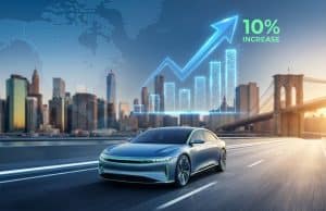 Ventes Stellantis 2026 : une hausse de 10 % via l’Amérique Une voiture moderne roulant sur un pont vers New York avec un graphique de croissance de 10 % en arrière-plan.