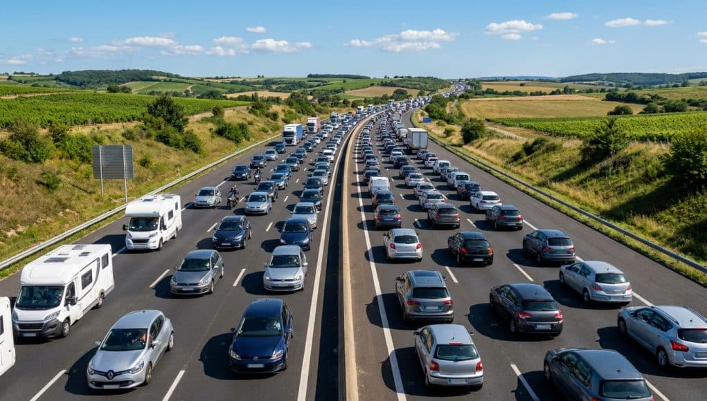 Bouchons estivaux sur l'autoroute Vue aérienne d'un fort ralentissement sur une autoroute française bordée de champs en plein été.