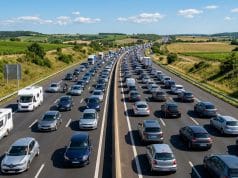 Prévisions Bison Futé juillet : anticipez les bouchons de l’été Vue aérienne d'un fort ralentissement sur une autoroute française bordée de champs en plein été.
