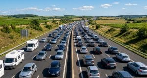Prévisions Bison Futé juillet : anticipez les bouchons de l’été Vue aérienne d'un fort ralentissement sur une autoroute française bordée de champs en plein été.