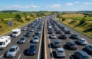 Prévisions Bison Futé juillet : anticipez les bouchons de l’été Vue aérienne d'un fort ralentissement sur une autoroute française bordée de champs en plein été.