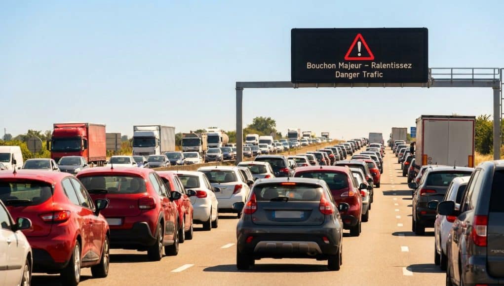 Embouteillage majeur sur l'autoroute Vue arrière d'un important embouteillage sur une autoroute sous un ciel bleu avec un panneau d'avertissement lumineux.