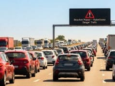 Prévisions Bison Futé : trafic noir les 10 et 11 juillet Vue arrière d'un important embouteillage sur une autoroute sous un ciel bleu avec un panneau d'avertissement lumineux.