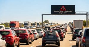 Prévisions Bison Futé : trafic noir les 10 et 11 juillet Vue arrière d'un important embouteillage sur une autoroute sous un ciel bleu avec un panneau d'avertissement lumineux.