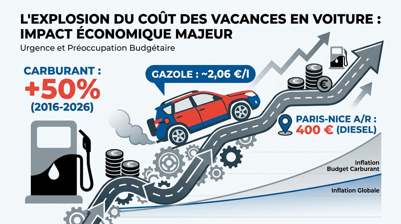 Graphique montrant l'augmentation du coût des trajets en voiture pour les vacances entre 2016 et 2026