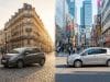 Pourquoi la Honda Jazz est-elle si chère en France ? Comparaison visuelle d'une voiture sur des pavés parisiens et dans une rue animée au Japon.