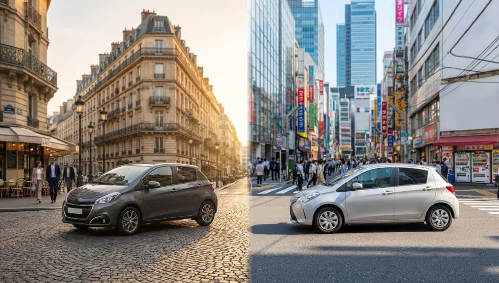 Comparaison visuelle d'une voiture sur des pavés parisiens et dans une rue animée au Japon.