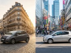Pourquoi la Honda Jazz est-elle si chère en France ? Comparaison visuelle d'une voiture sur des pavés parisiens et dans une rue animée au Japon.