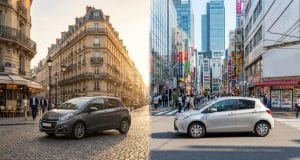 Pourquoi la Honda Jazz est-elle si chère en France ? Comparaison visuelle d'une voiture sur des pavés parisiens et dans une rue animée au Japon.