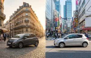 Pourquoi la Honda Jazz est-elle si chère en France ? Comparaison visuelle d'une voiture sur des pavés parisiens et dans une rue animée au Japon.