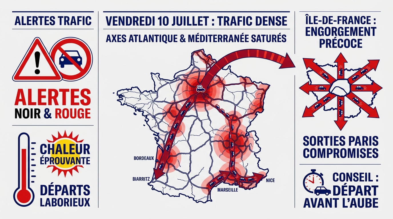 Infographie des prévisions de trafic Bison Futé pour le vendredi 10 juillet classé rouge au niveau national