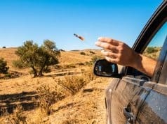 Amende jet mégot Espagne : 500 € et 6 points de retrait Une main lance un mégot de cigarette allumé par la fenêtre d'une voiture dans un paysage aride.