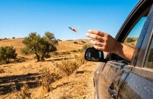 Amende jet mégot Espagne : 500 € et 6 points de retrait Une main lance un mégot de cigarette allumé par la fenêtre d'une voiture dans un paysage aride.